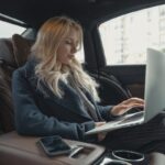 Femme d'affaires travaillant à distance sur un ordinateur portable, assise à l'arrière d'une voiture de luxe. Élégante, moderne et concentrée.