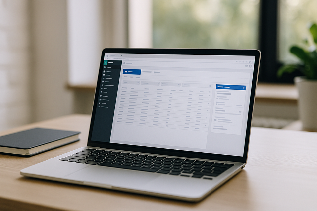 Bureau moderne et lumineux avec ordinateur portable ouvert, symbolisant l’usage d’un logiciel ERP